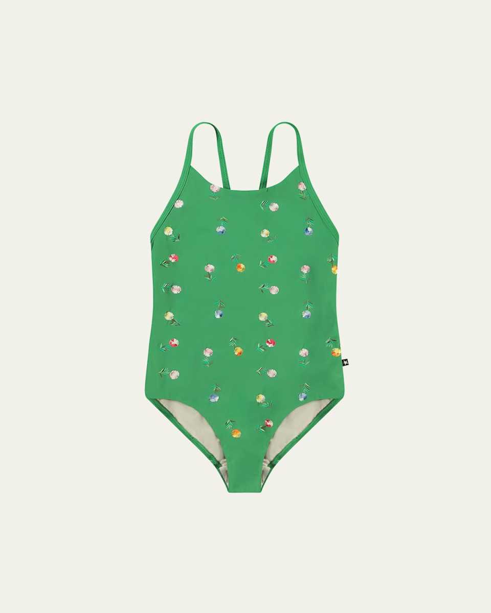 Girl's Nanna Embroidered Floral-Print Swimsuit, Size 4-7